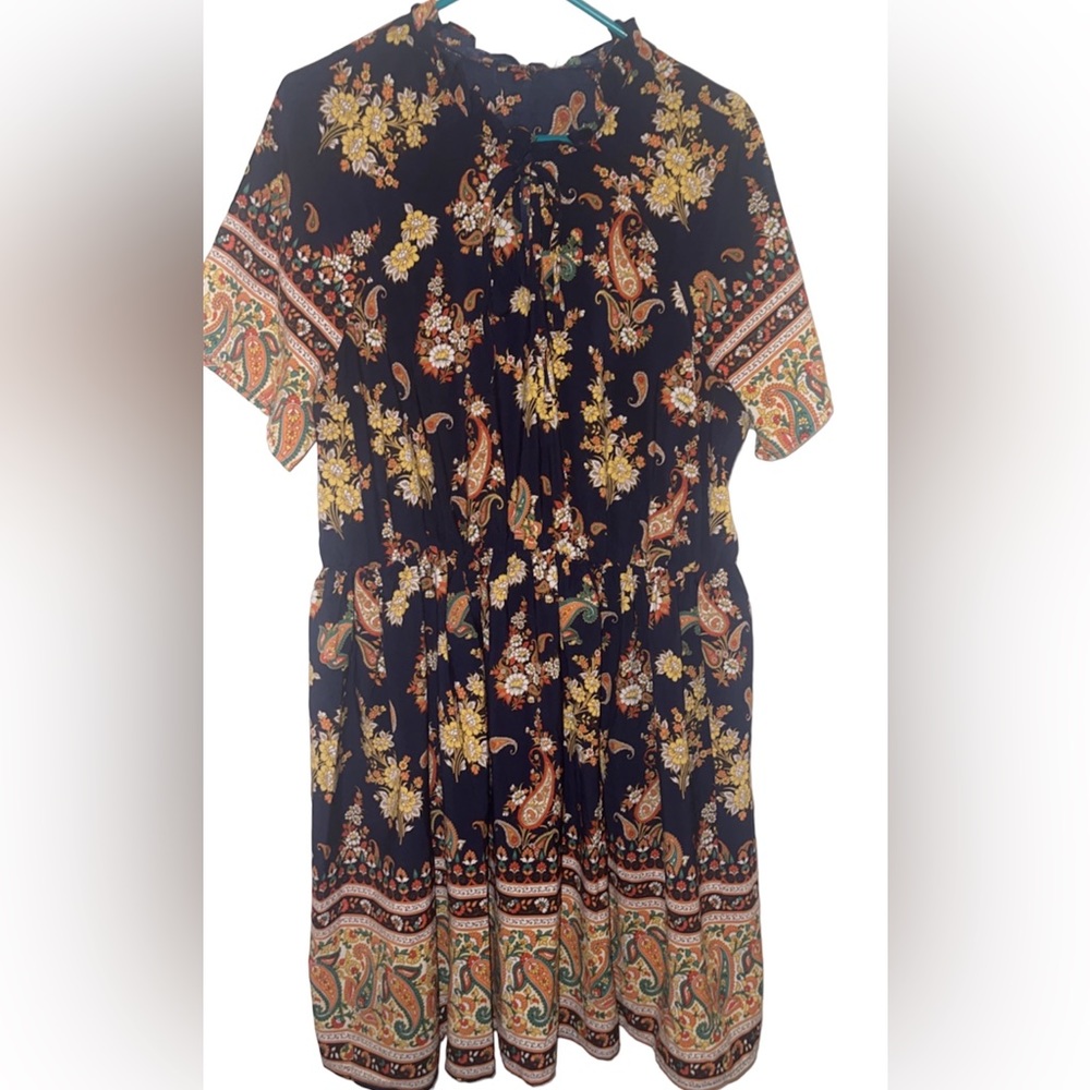 Navy Blue Printed Shortsleeved Dress With Elastic Waist